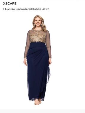 Xscape Navy and Gold Embroidered Long Sleeve Evening Gown